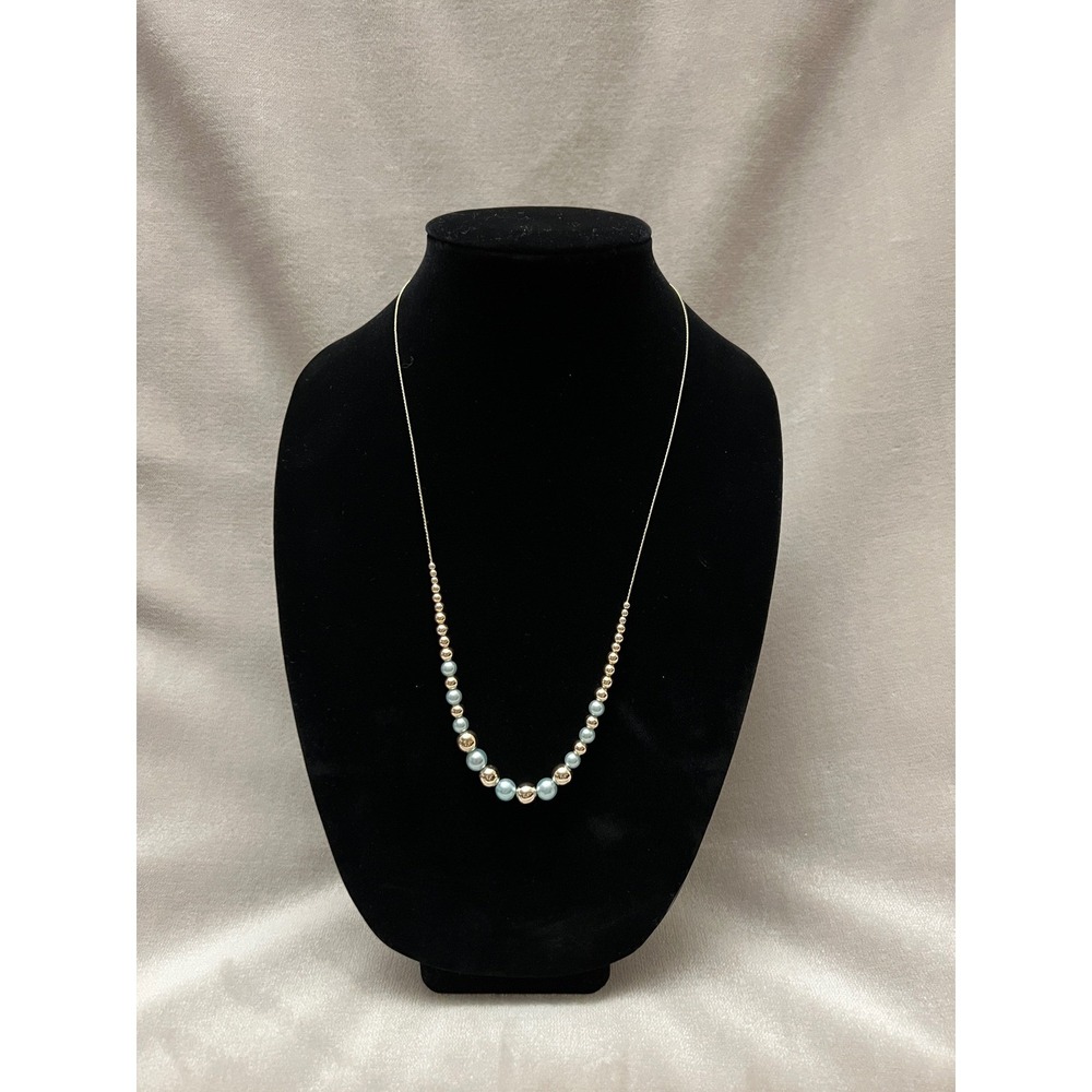 Gold‎ Tone Graduated Light Blue Faux Pearl and Gold Bead Necklace Barrel Clasp